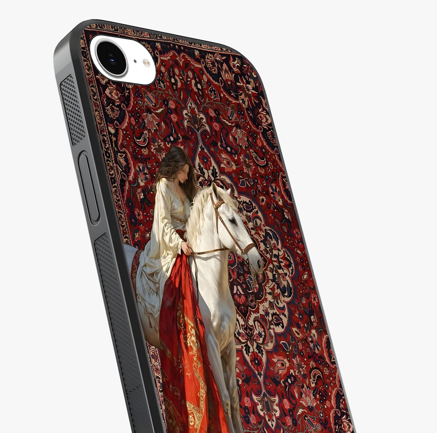 Royal Rider Tapestry Glass Case captured at a warm angle highlighting gloss, texture and premium glass finish.