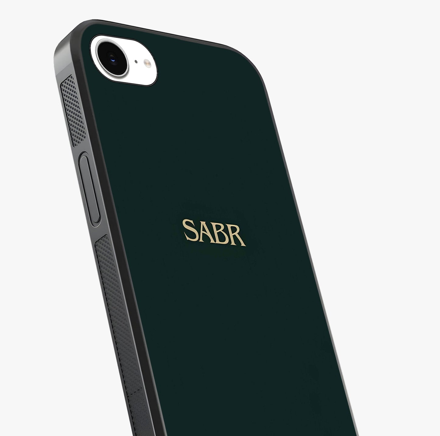 Sabr Minimal Patience Glass Case captured at a warm angle highlighting gloss, texture and premium glass finish.