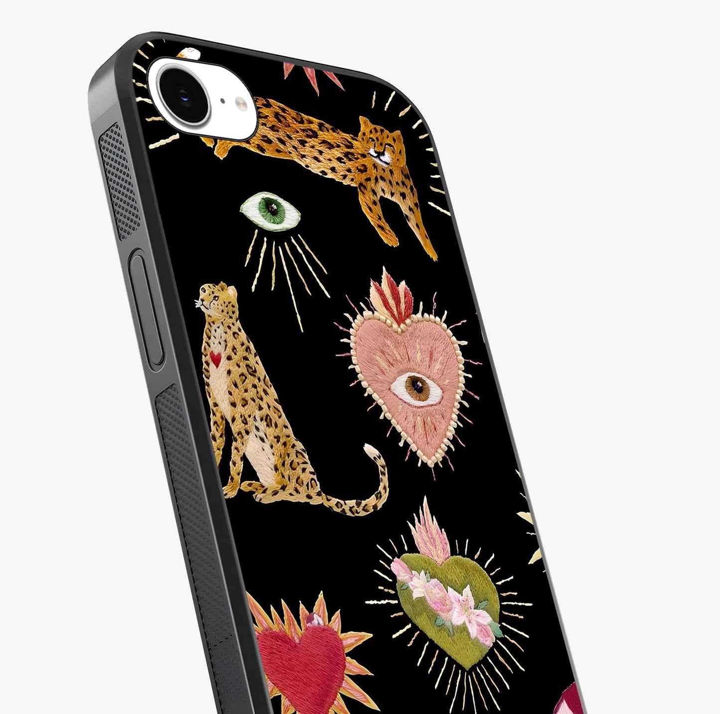 Sacred Jungle Heart Glass Case captured at a warm angle highlighting gloss, texture and premium glass finish.