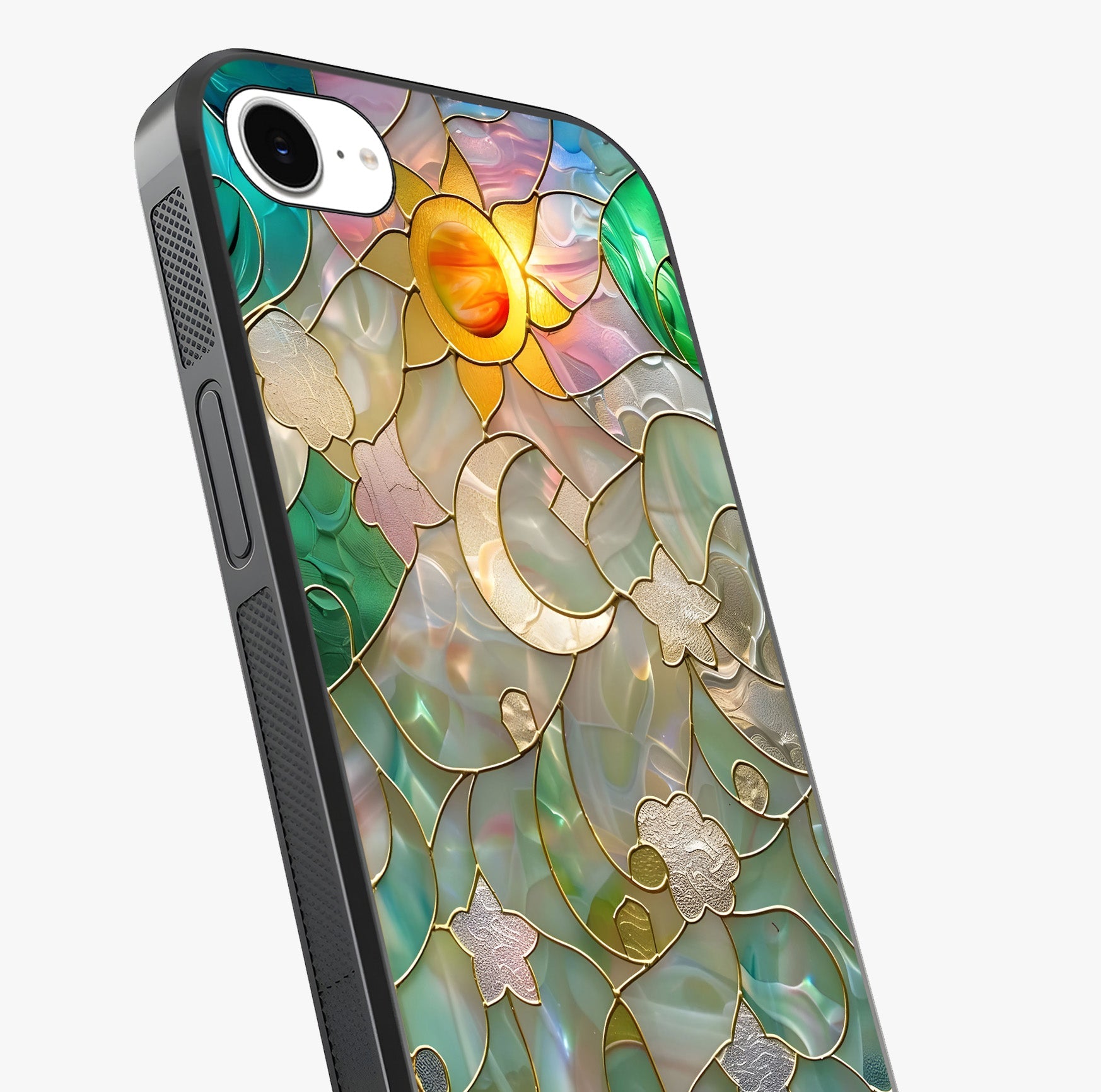 Stained Sunrise Glow Glass Case captured at a warm angle highlighting gloss, texture and premium glass finish.