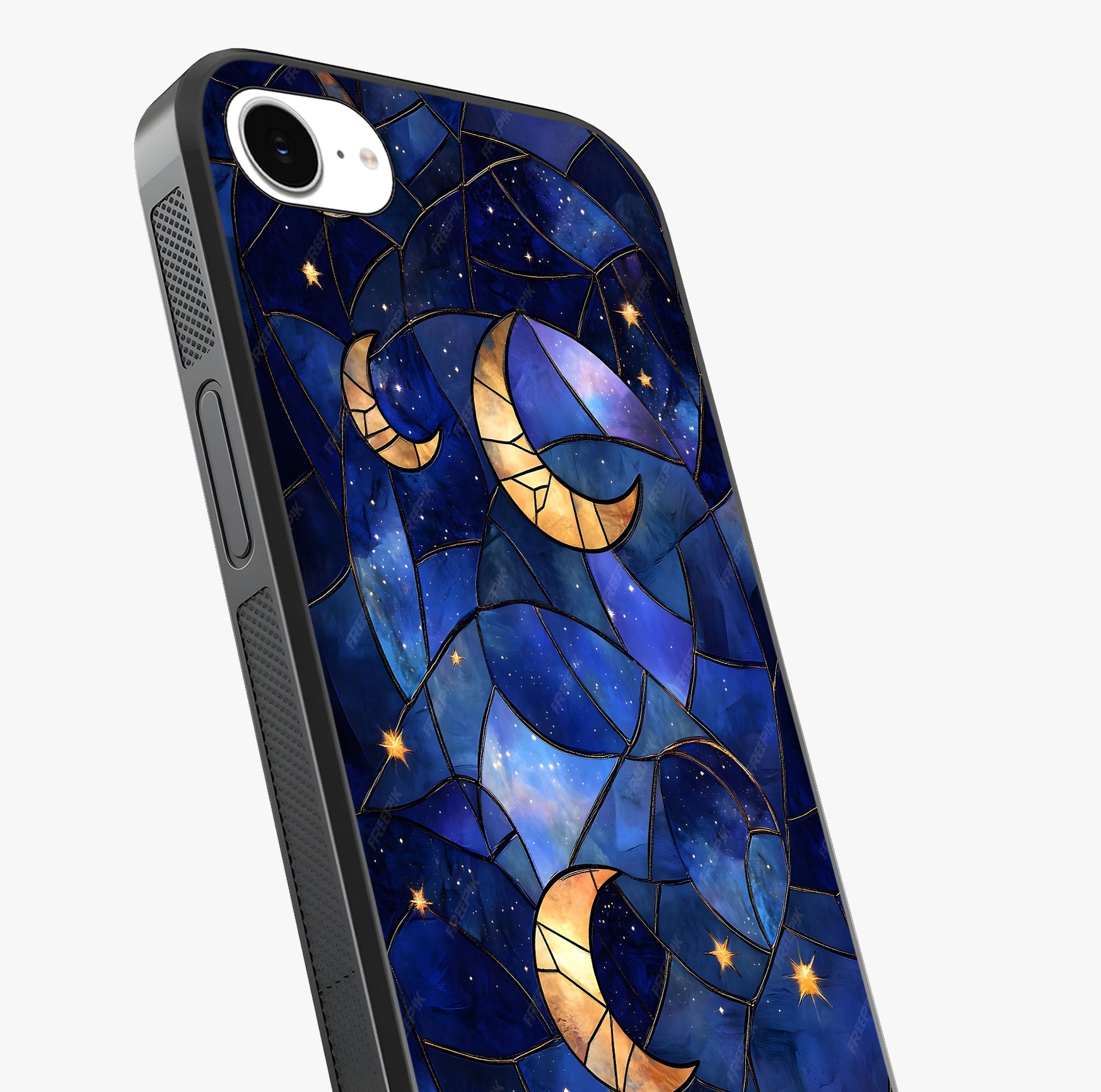 Starlit Sky Tapestry Glass Case captured at a warm angle highlighting gloss, texture and premium glass finish.