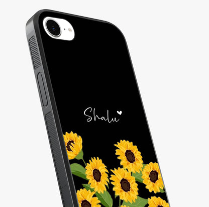 Sunflower Chic Mood Custom Name Glass Case captured at a warm angle highlighting gloss, texture and premium glass finish.