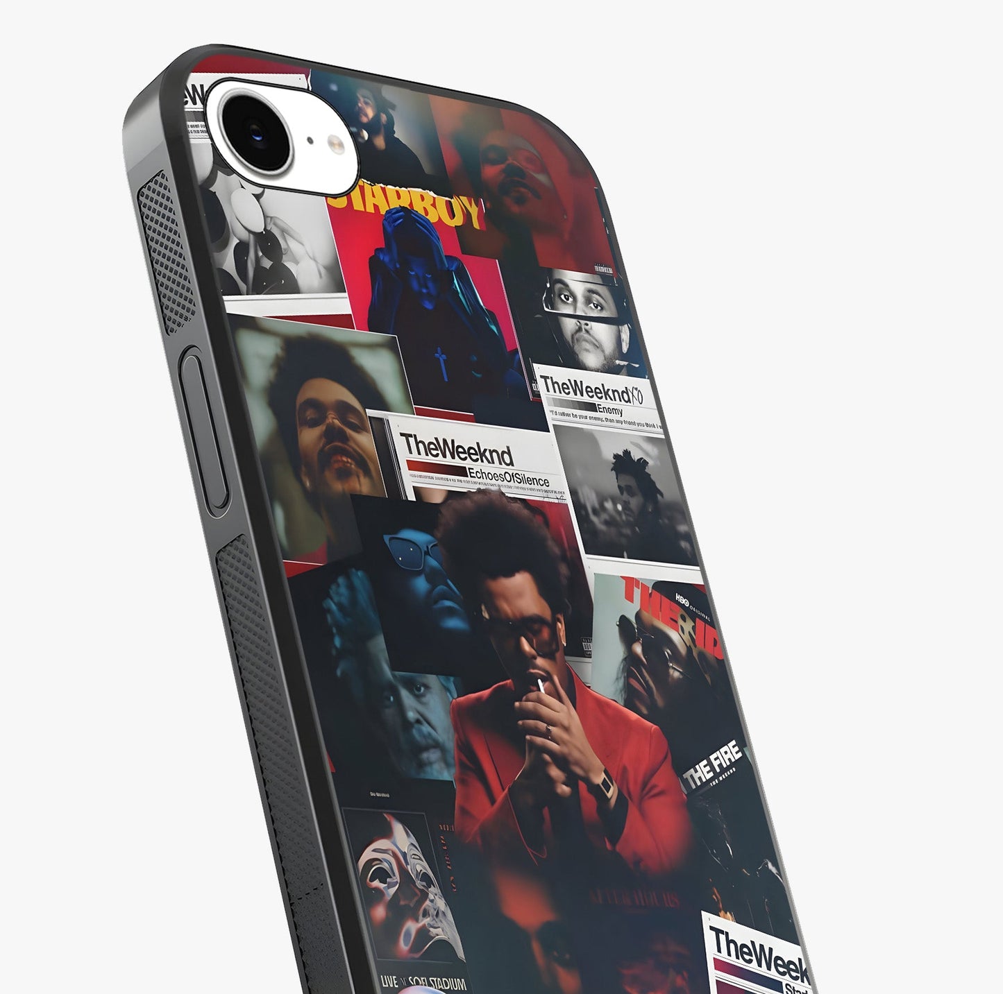 The Weeknd Glass Case captured at a warm angle highlighting gloss, texture and premium glass finish.