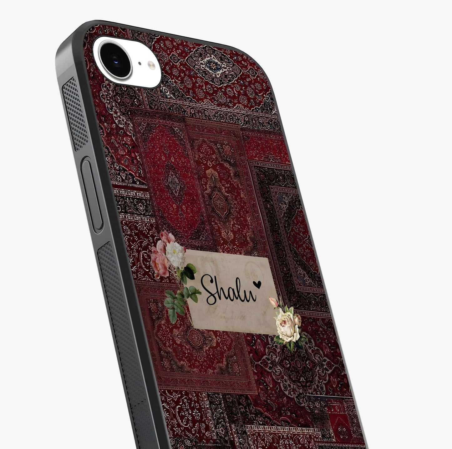 Velvet Wine Pattern Custom Name Glass Case captured at a warm angle highlighting gloss, texture and premium glass finish.