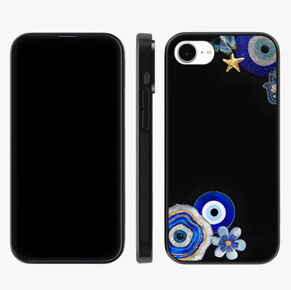 Aesthetic Blue Evil Eye Glass Case displayed upright for full design visibility and premium finish.