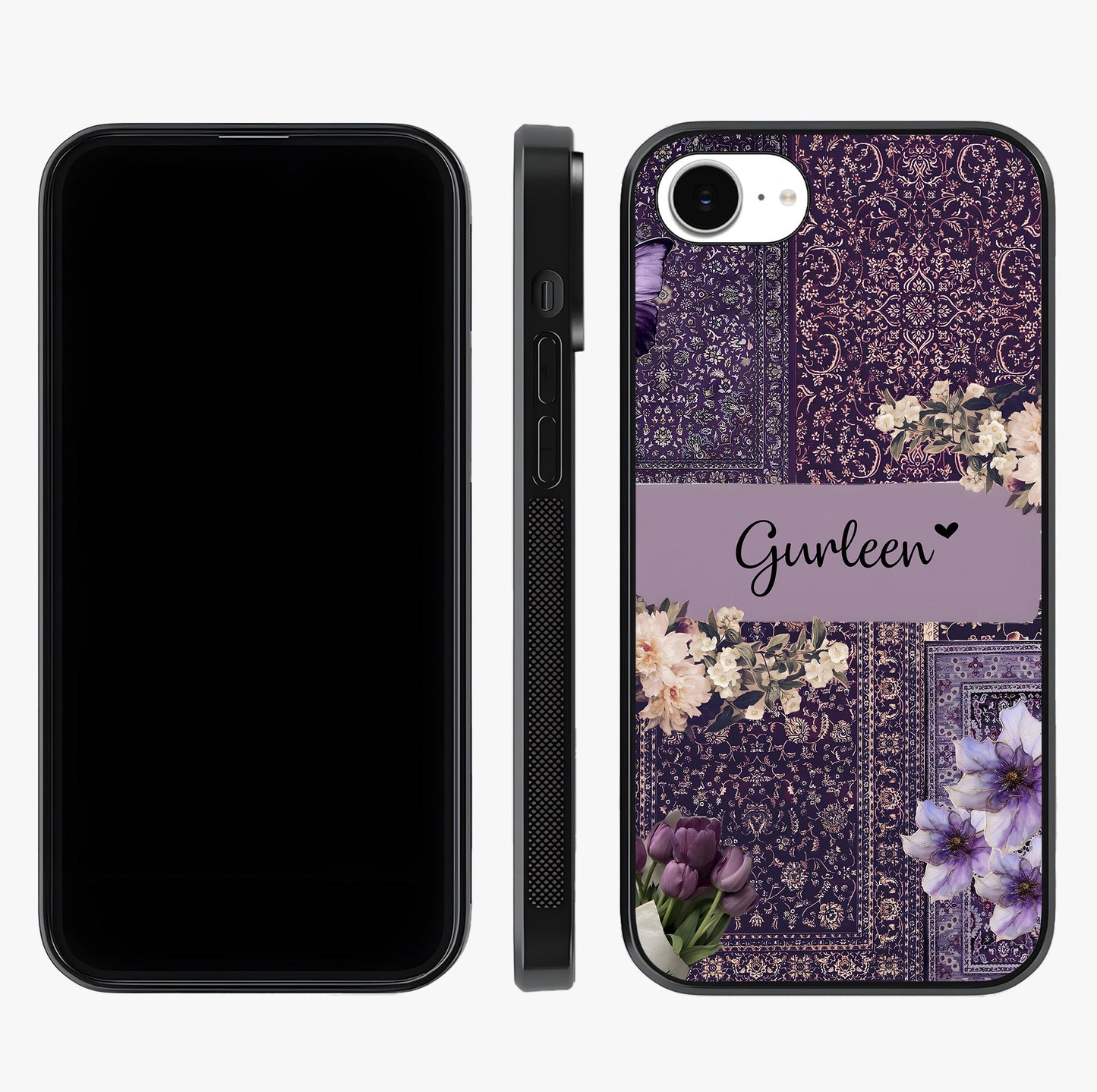 Antique Floral Whisper Custom Name Glass Case displayed upright for full design visibility and premium finish.