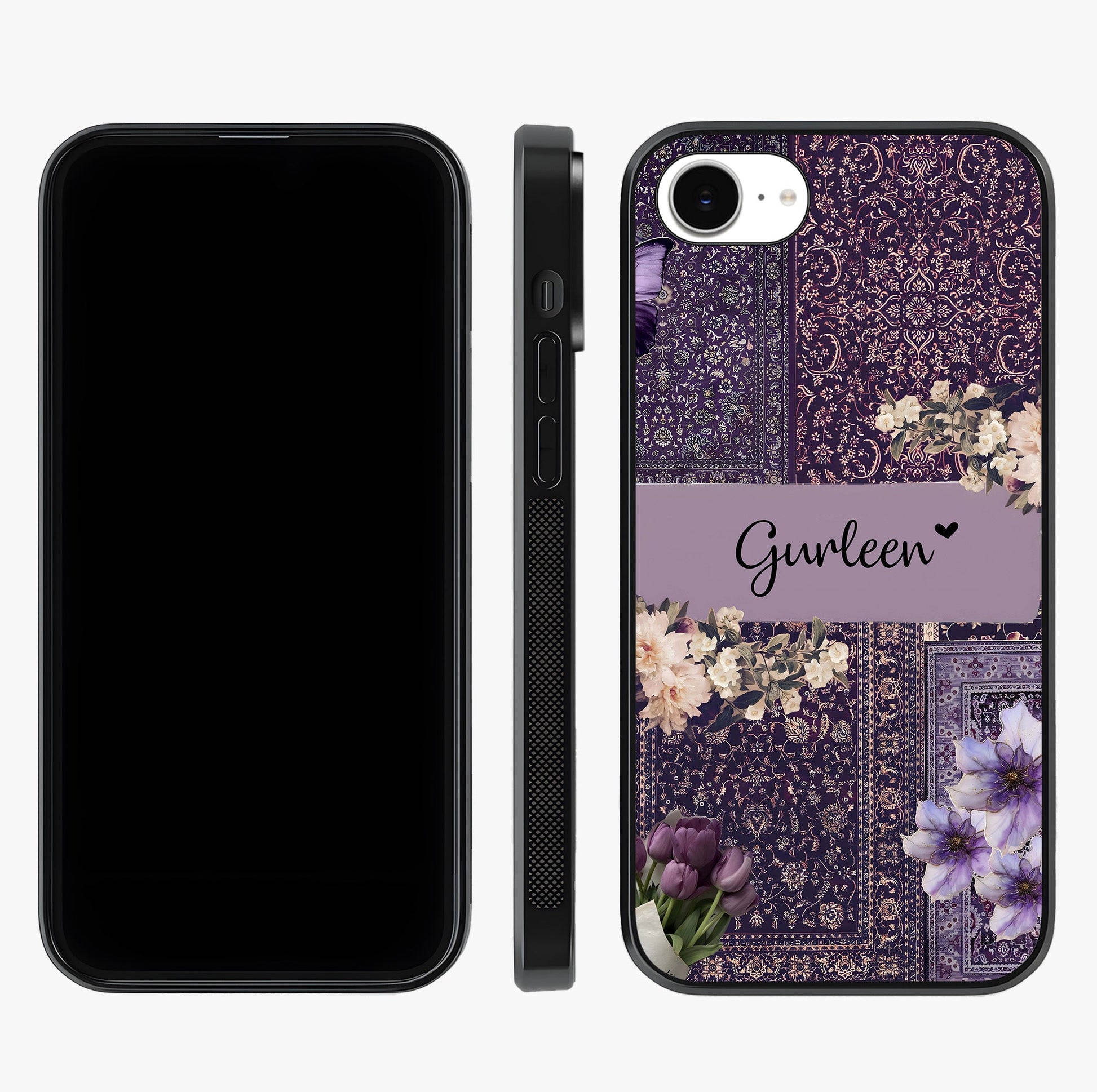 Antique Floral Whisper Custom Name Glass Case displayed upright for full design visibility and premium finish.
