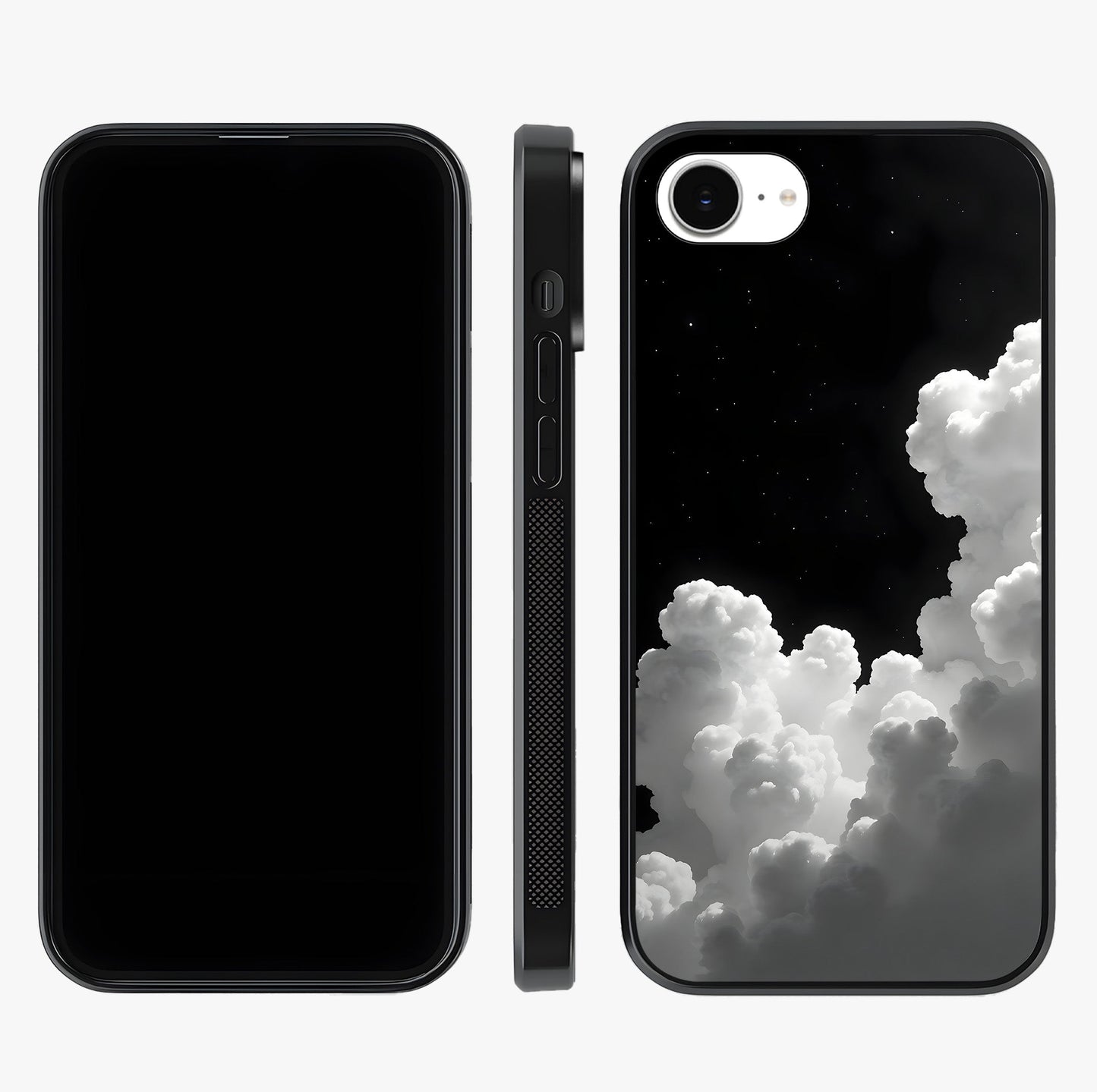 Black Background With White Cloud Glass Case displayed upright for full design visibility and premium finish.