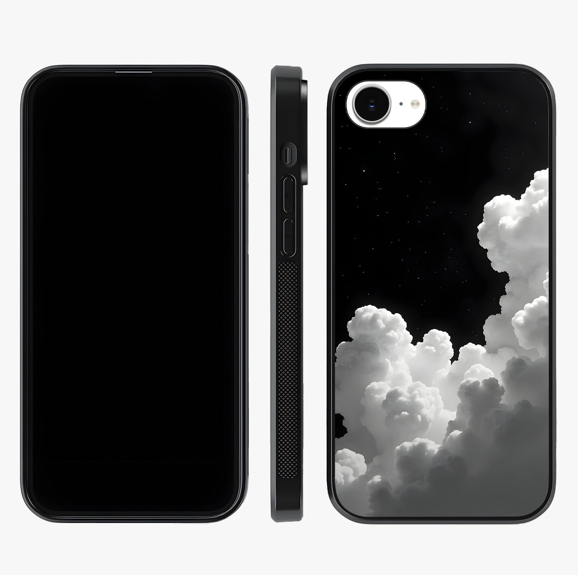 Black Background With White Cloud Glass Case displayed upright for full design visibility and premium finish.