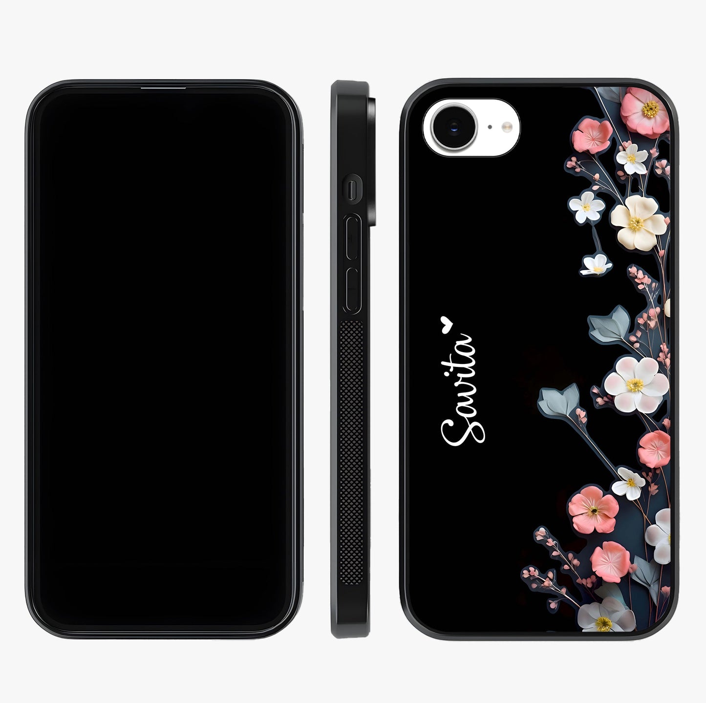 Black Elegance Floral Custom Name Glass Case displayed upright for full design visibility and premium finish.