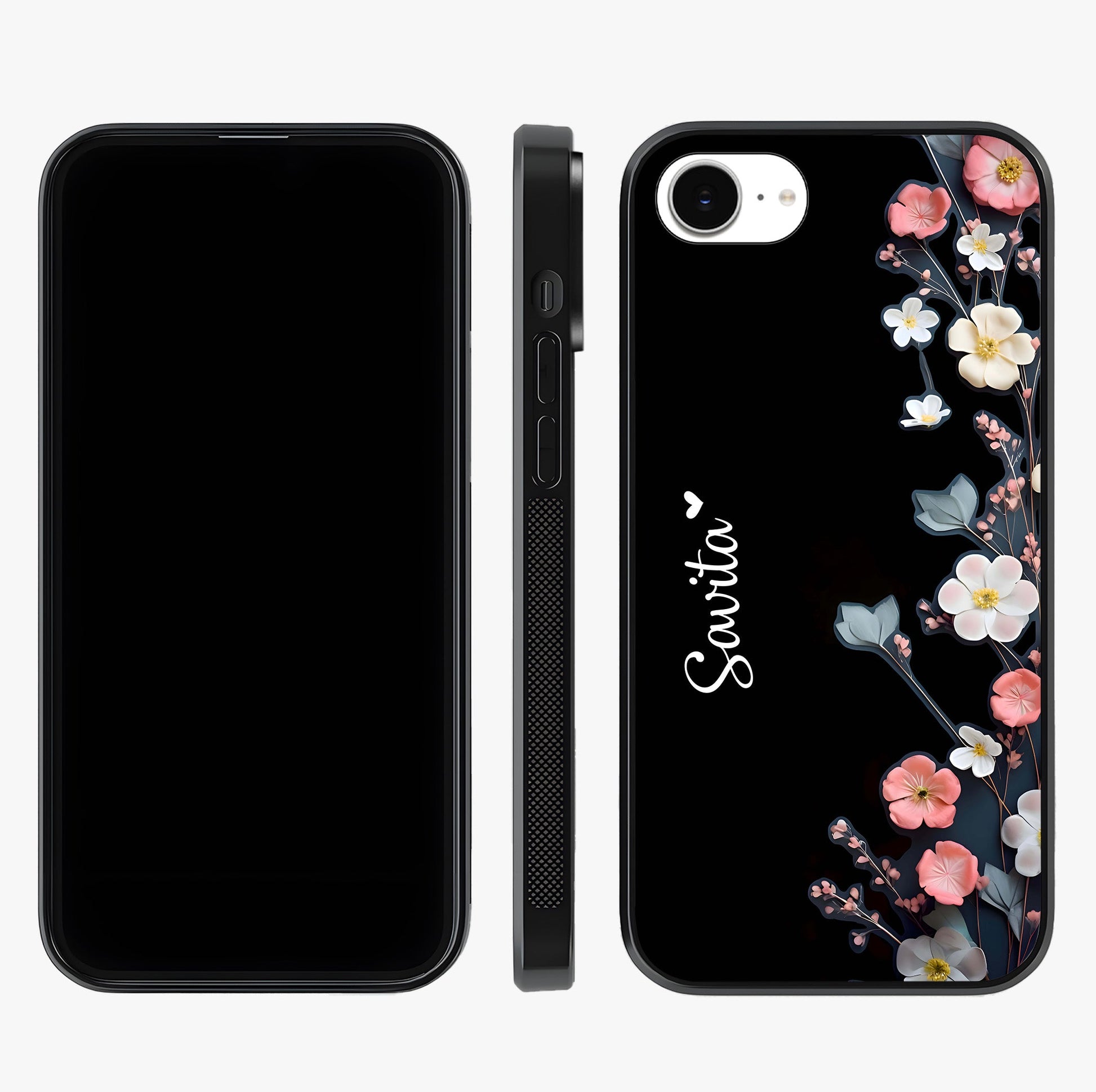 Black Elegance Floral Custom Name Glass Case displayed upright for full design visibility and premium finish.