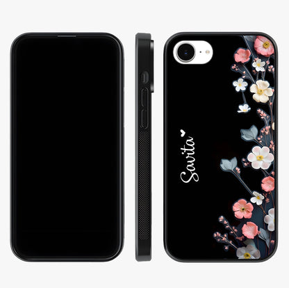 Black Elegance Floral Custom Name Glass Case displayed upright for full design visibility and premium finish.