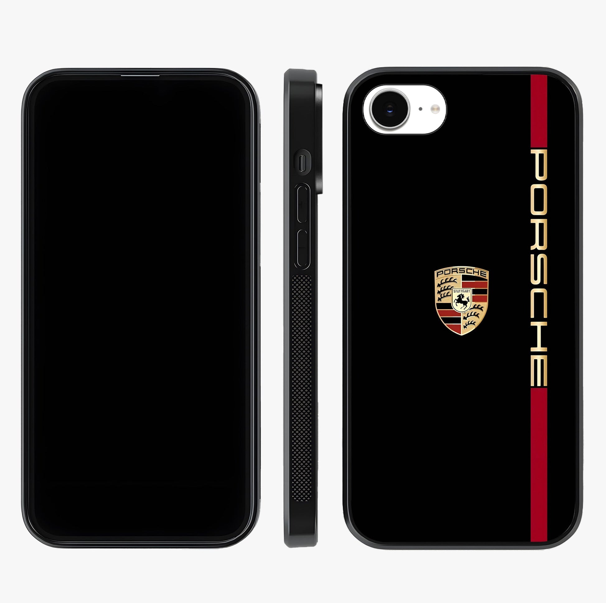 Black Minimal Porsche Glass Case displayed upright for full design visibility and premium finish.