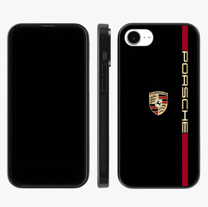 Black Minimal Porsche Glass Case displayed upright for full design visibility and premium finish.