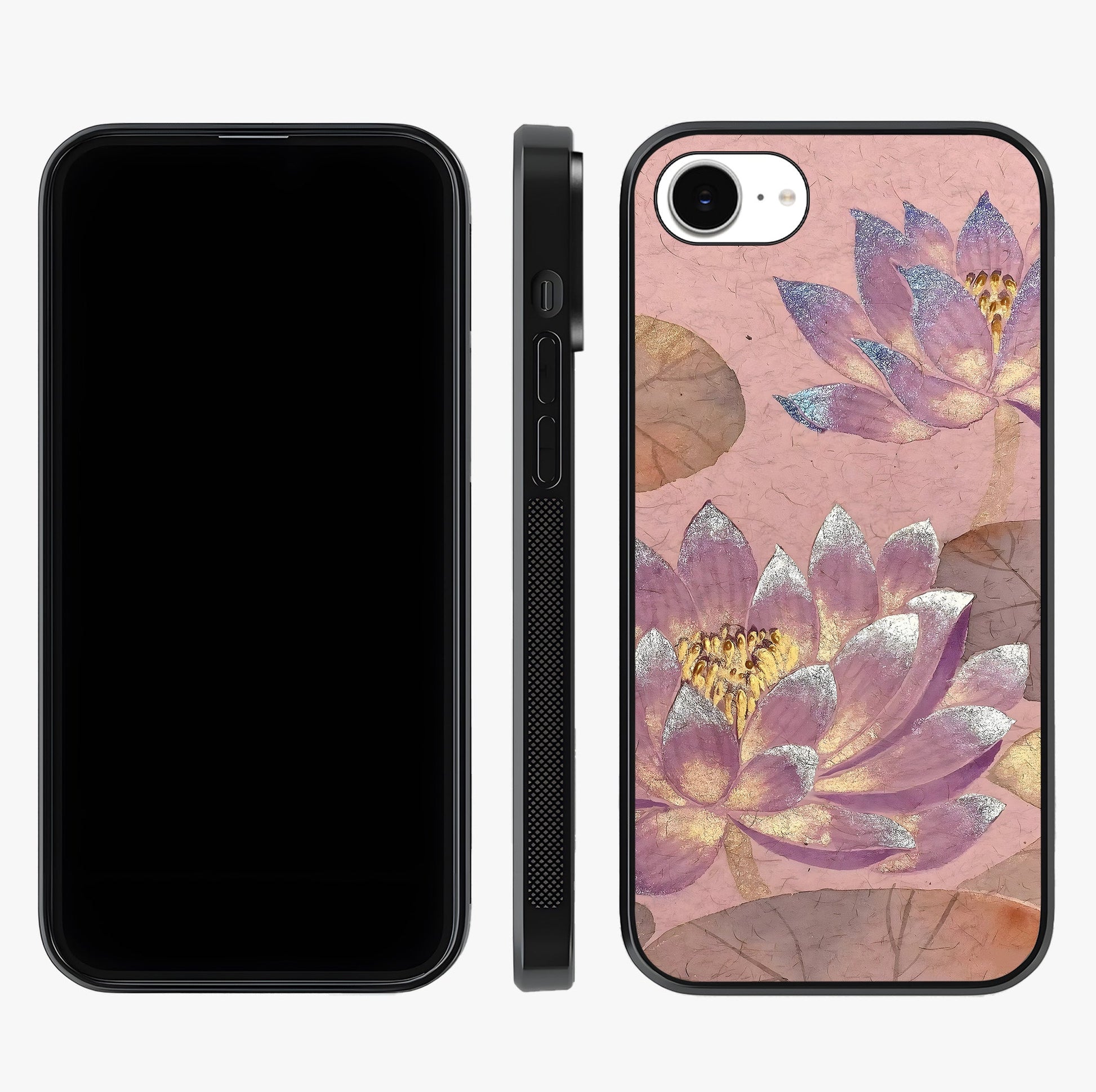 Blossom Mist Lotus Glass Case displayed upright for full design visibility and premium finish.