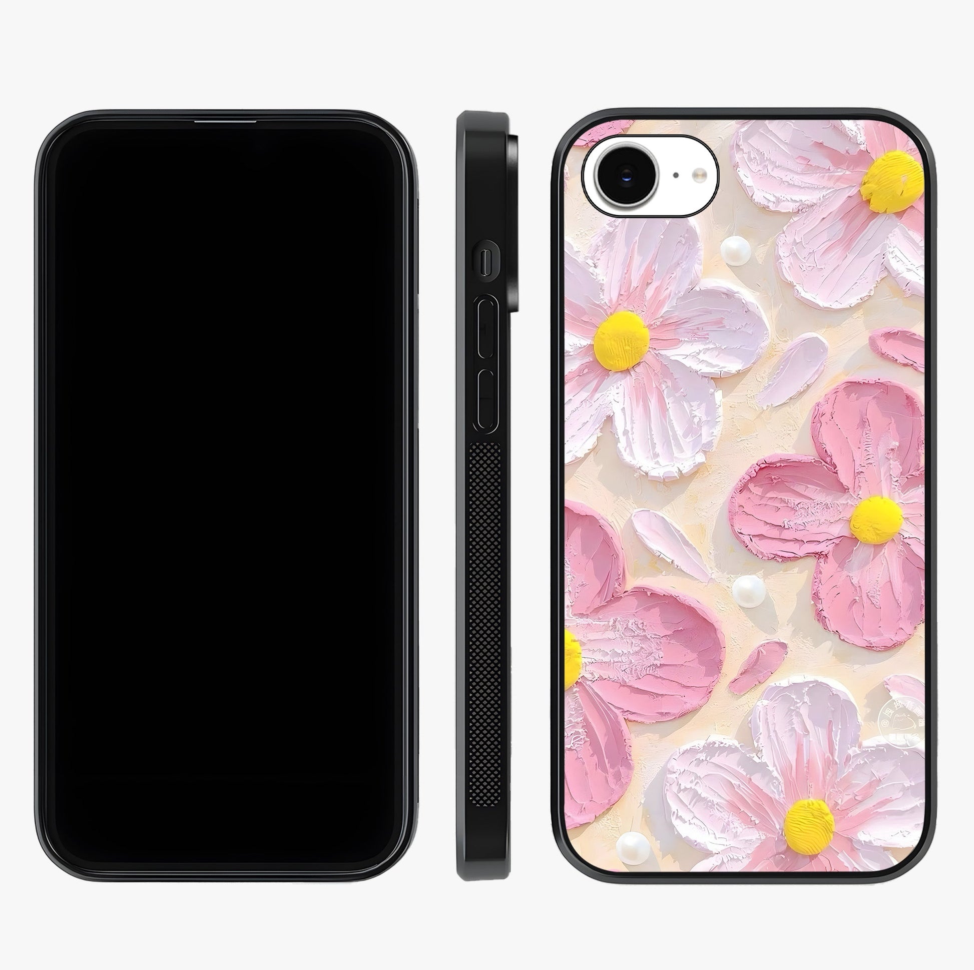 Blush Bloom Texture Glass Case displayed upright for full design visibility and premium finish.