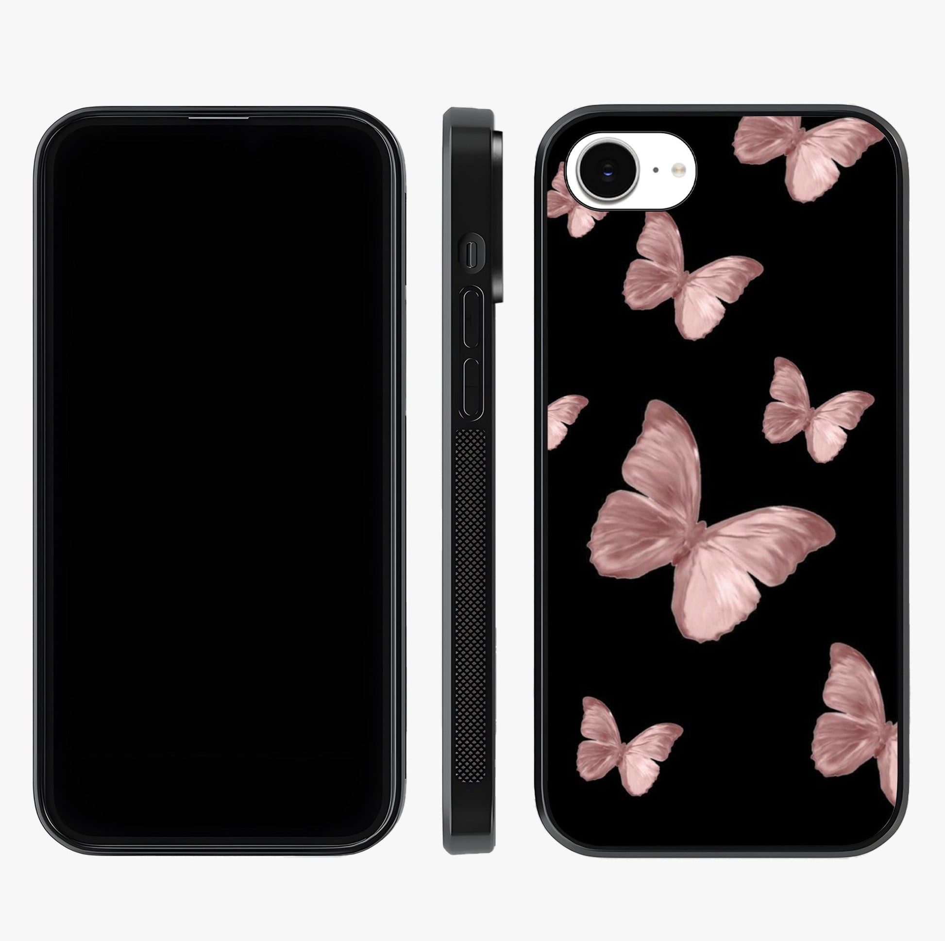 Butterfly Pattern Glass Case displayed upright for full design visibility and premium finish.