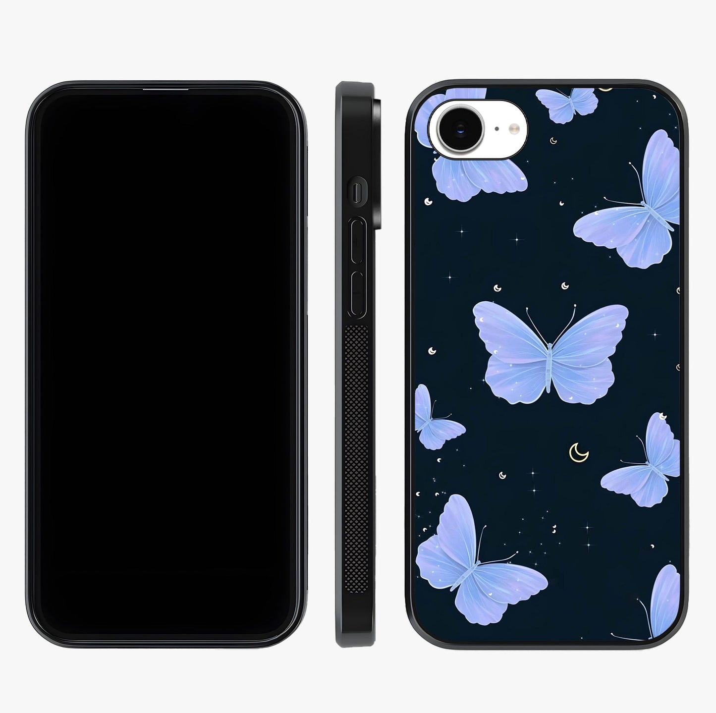 Butterfly With Stars Pattern Glass Case displayed upright for full design visibility and premium finish.