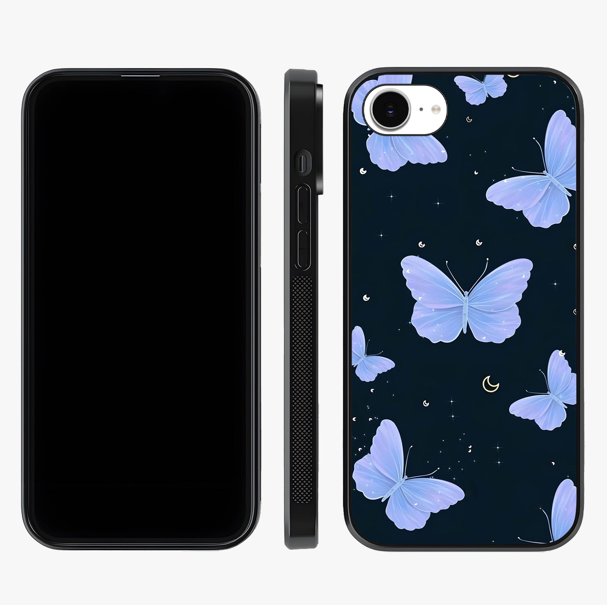 Butterfly With Stars Pattern Glass Case displayed upright for full design visibility and premium finish.