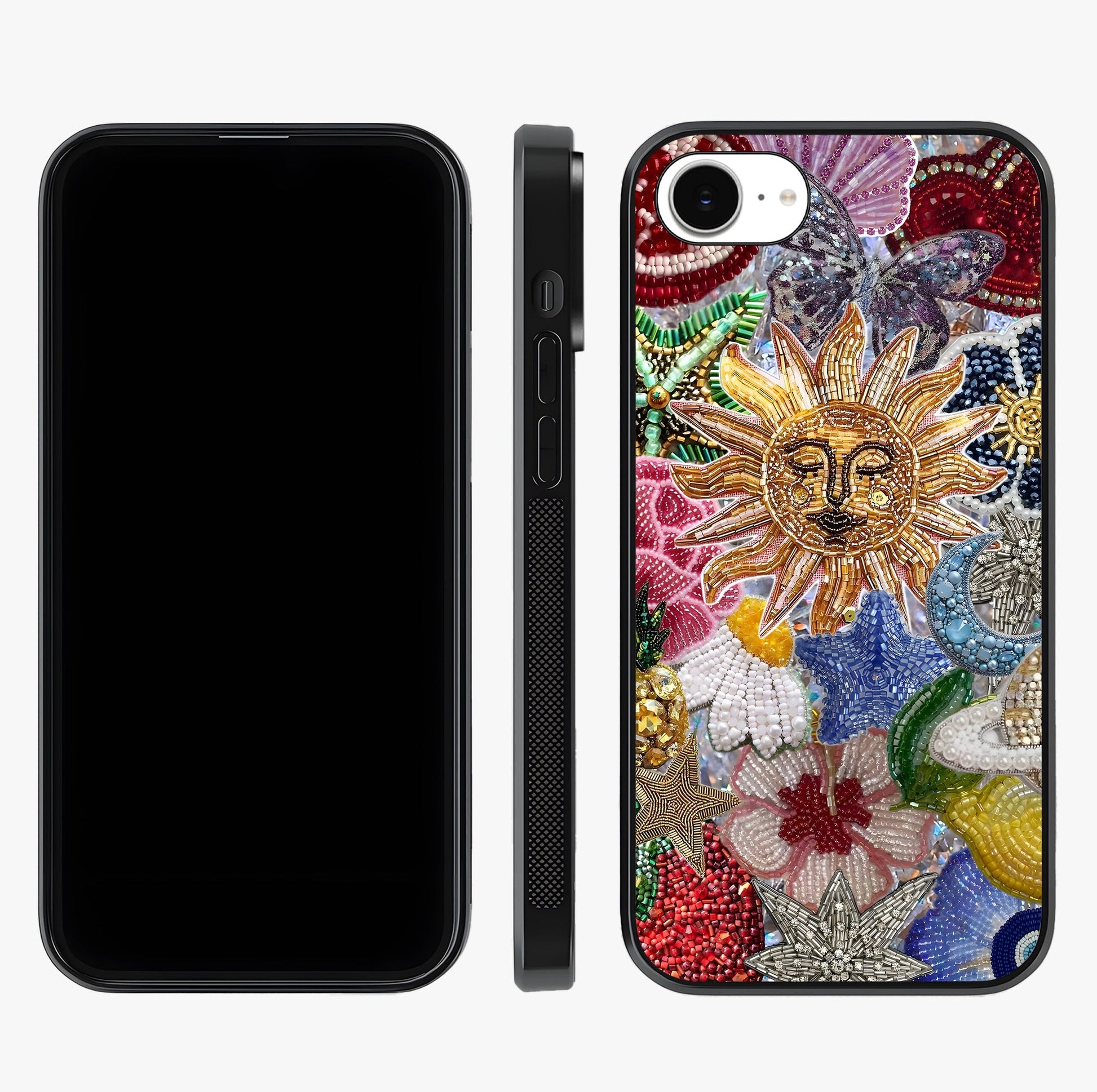 Celestial Floral And Playful Glass Case displayed upright for full design visibility and premium finish.