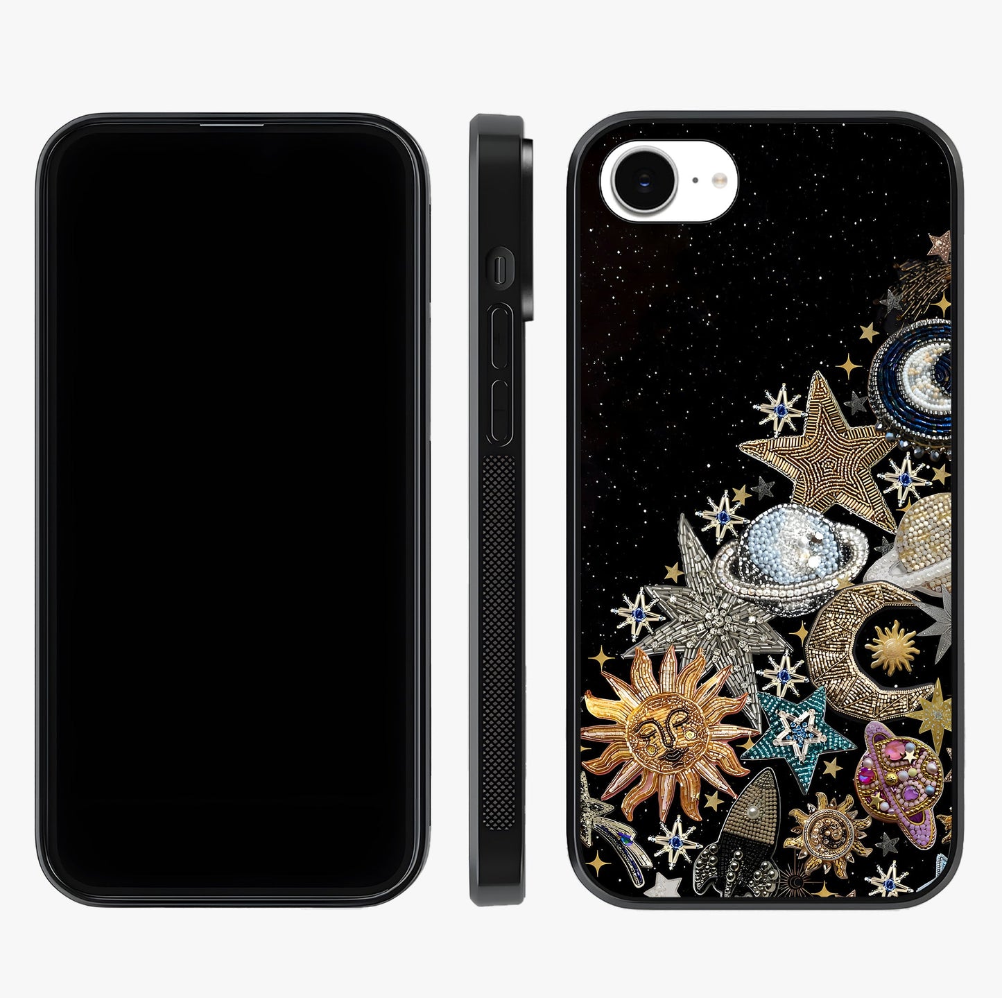 Cosmic Sparkle Dreams Glass Case displayed upright for full design visibility and premium finish.