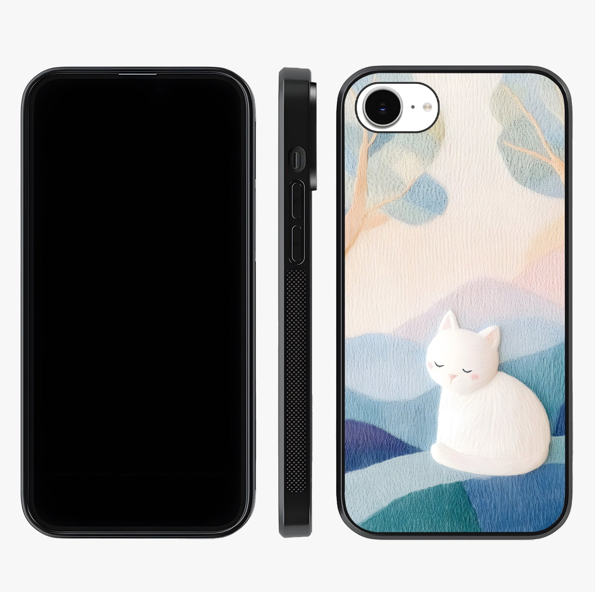 Cotton Dream Cat Glass Case displayed upright for full design visibility and premium finish.