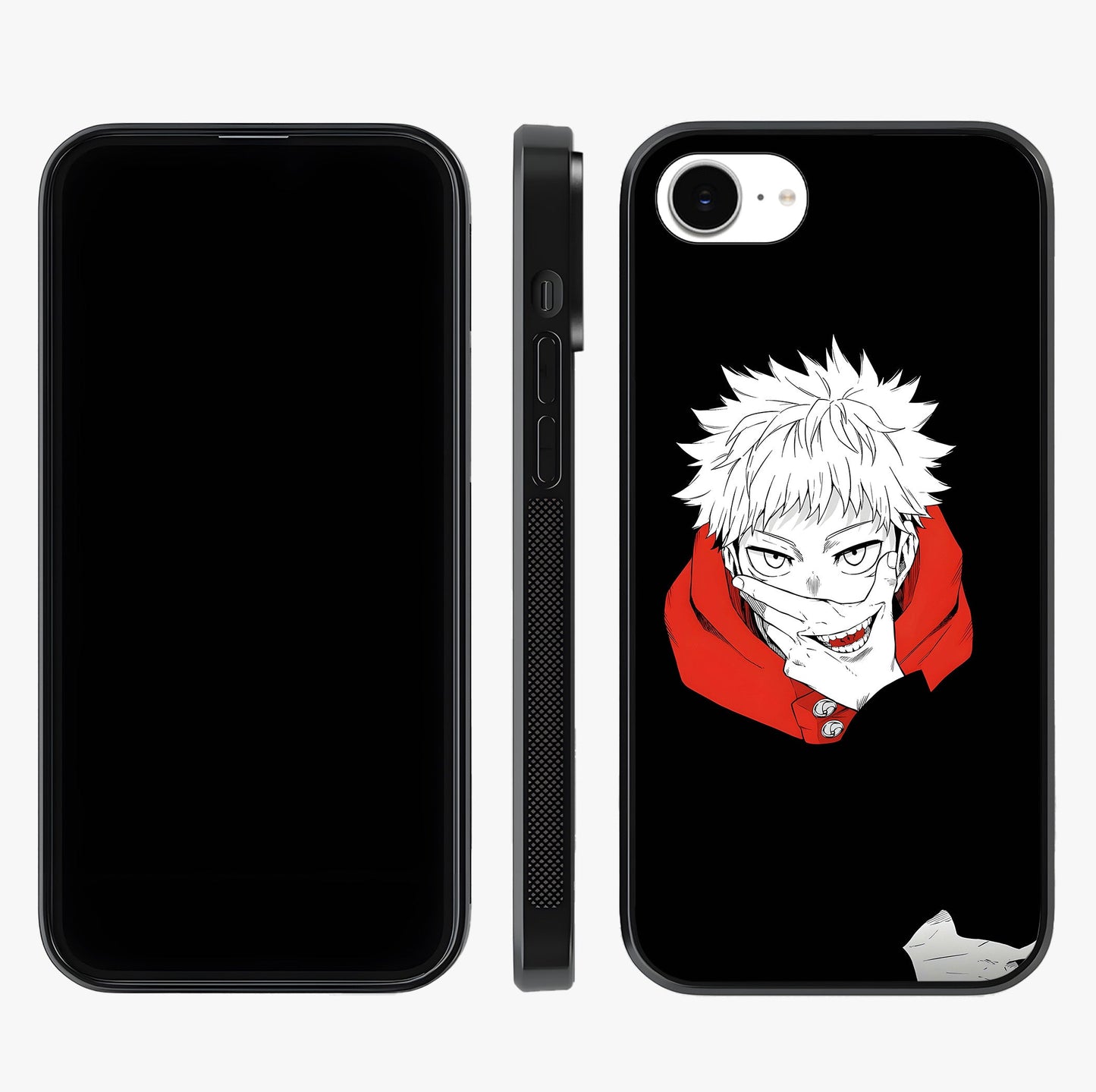 Crimson Chaos Smile Glass Case displayed upright for full design visibility and premium finish.