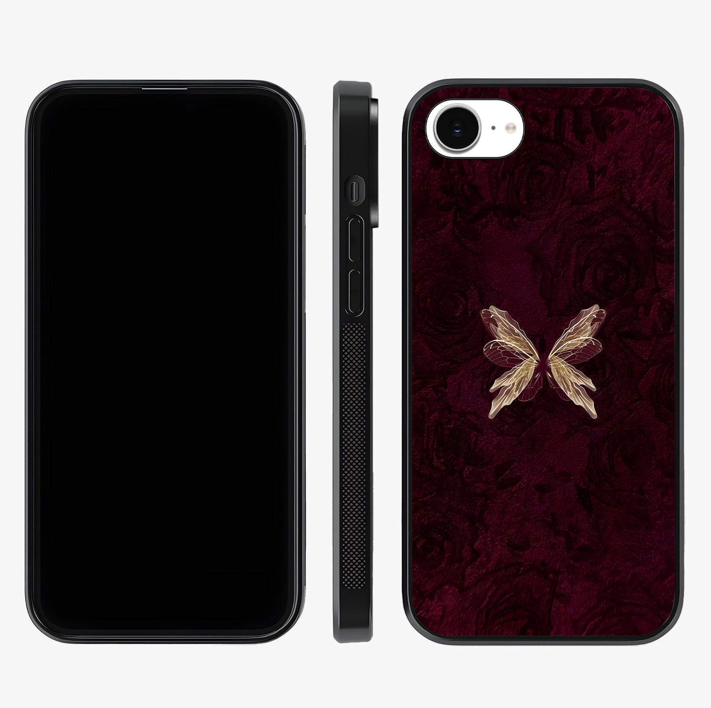 Crimson Fade Butterfly Glass Case displayed upright for full design visibility and premium finish.