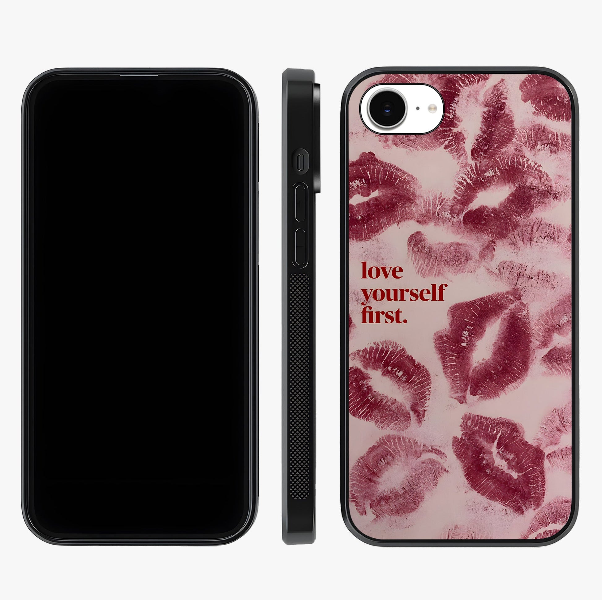 Crimson Kiss Love Glass Case displayed upright for full design visibility and premium finish.