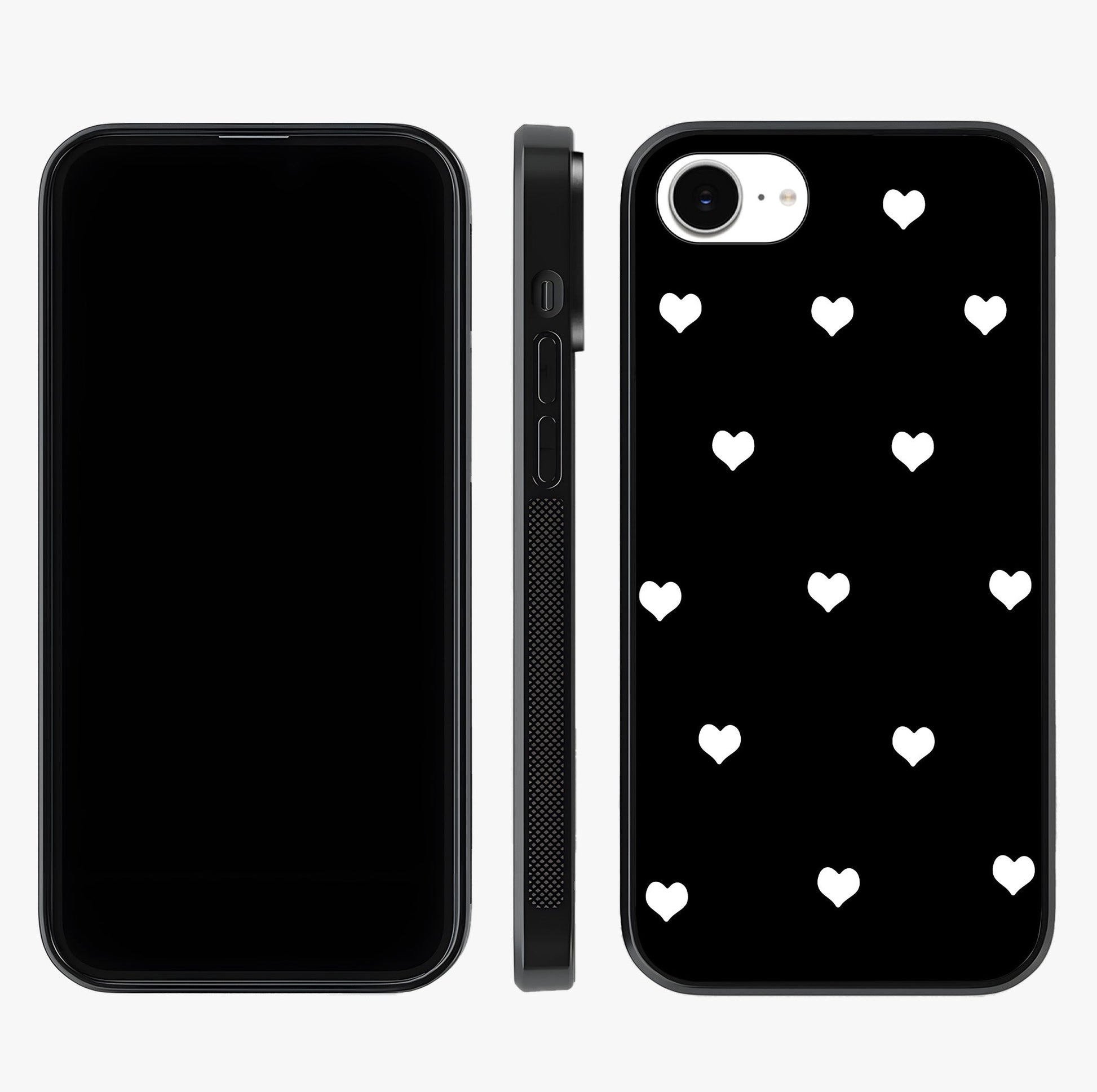 Cute And Simple White Hearts Glass Case displayed upright for full design visibility and premium finish.