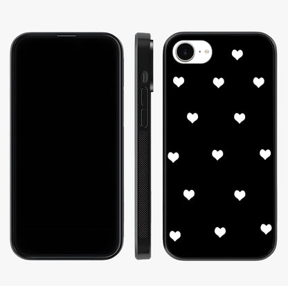 Cute And Simple White Hearts Glass Case displayed upright for full design visibility and premium finish.
