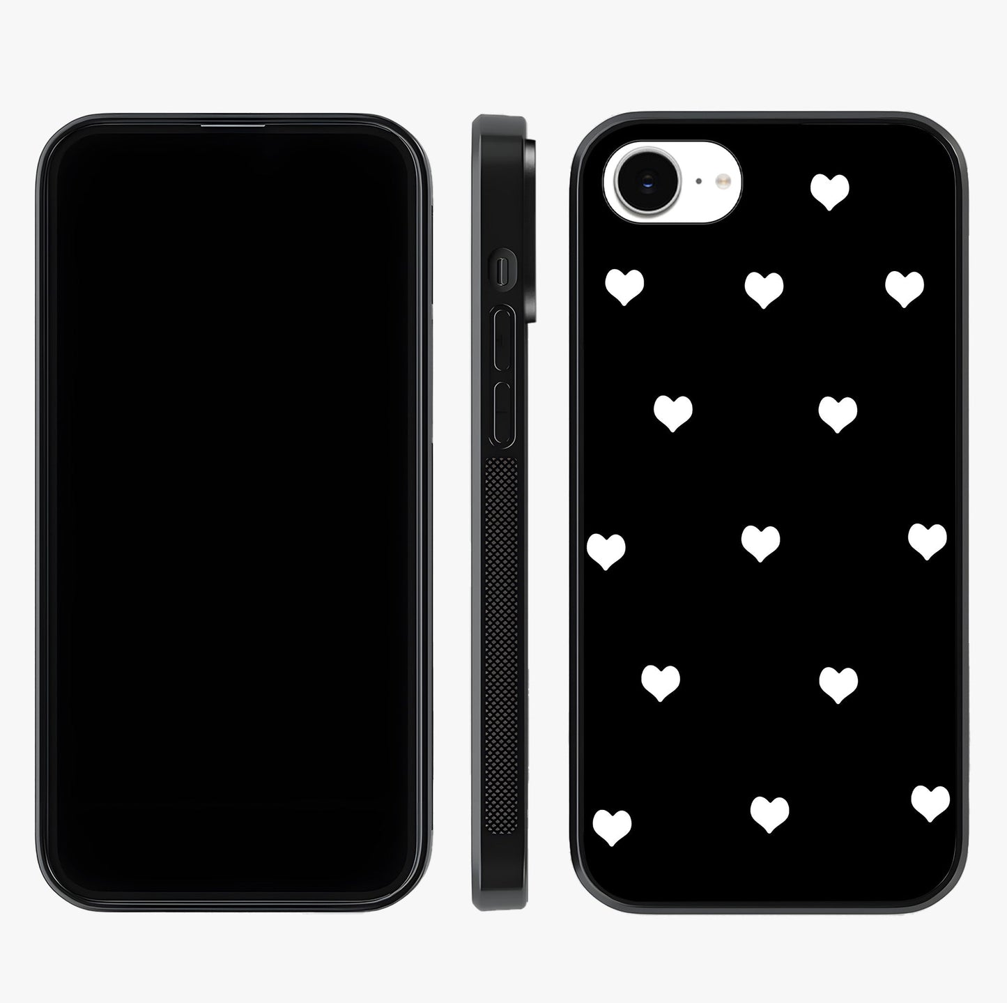 Cute And Simple White Hearts Glass Case displayed upright for full design visibility and premium finish.