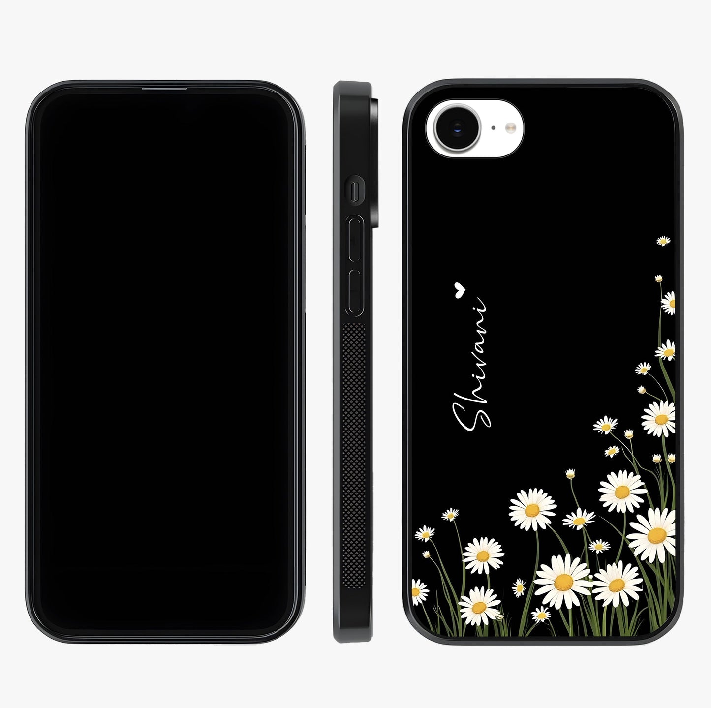 Daisy Cascade Custom Name Glass Case displayed upright for full design visibility and premium finish.