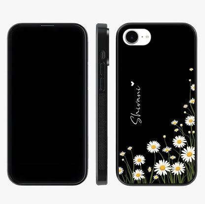 Daisy Cascade Custom Name Glass Case displayed upright for full design visibility and premium finish.