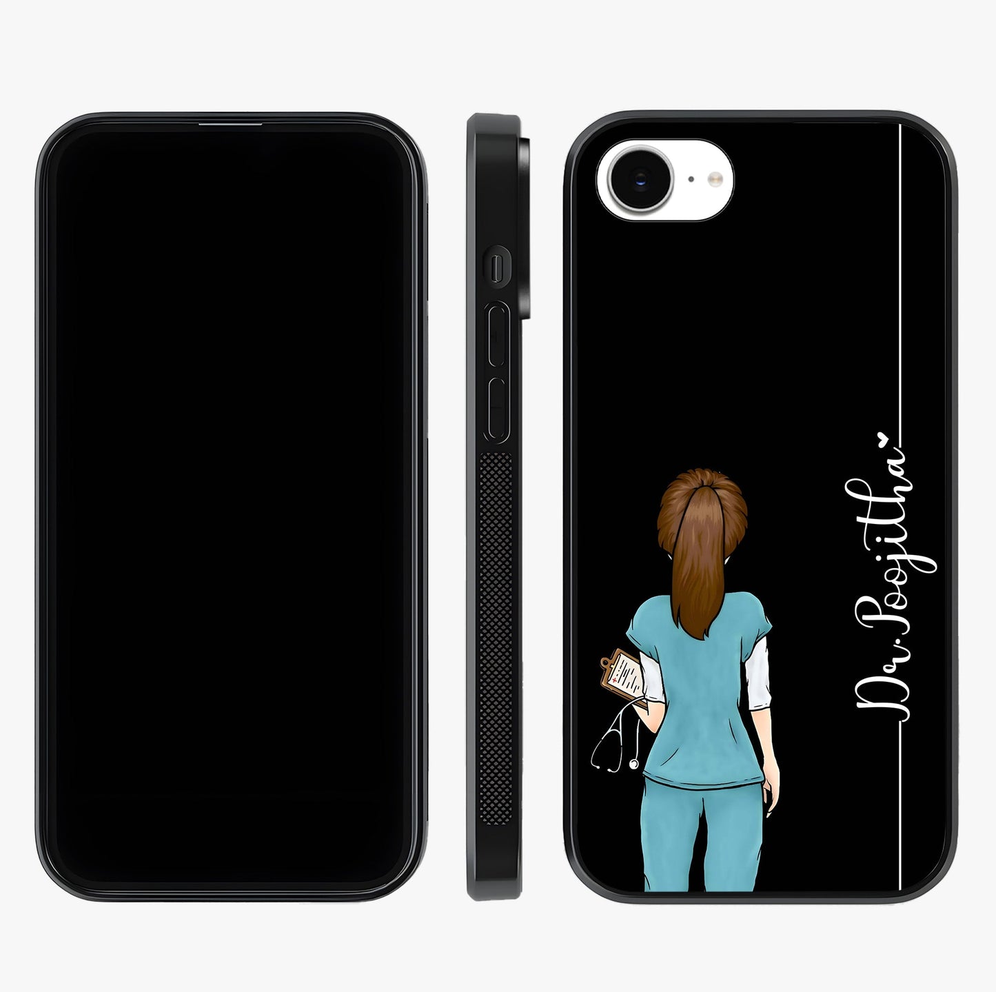 Doctor Pattern Custom Name Glass Case displayed upright for full design visibility and premium finish.