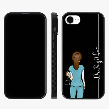 Doctor Pattern Custom Name Glass Case displayed upright for full design visibility and premium finish.