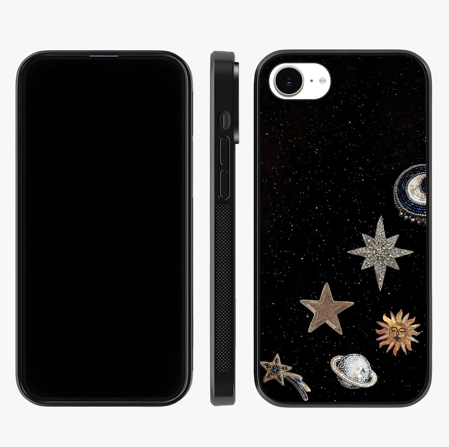 Galactic Charm Glow Glass Case displayed upright for full design visibility and premium finish.