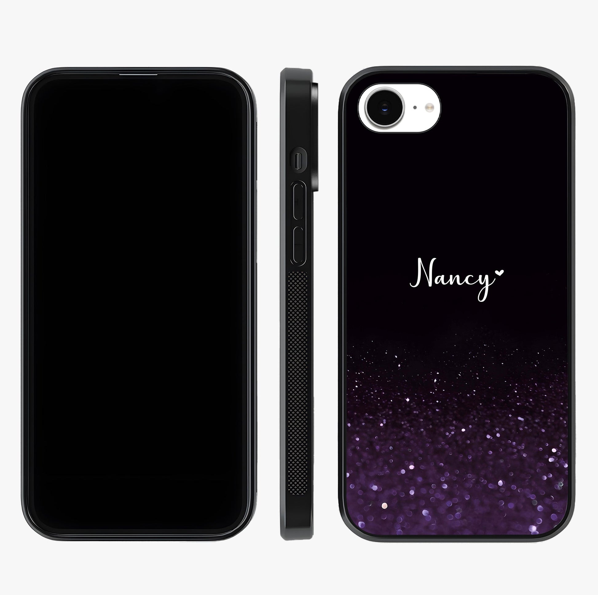 Glittery Purple Bokeh Custom Name Glass Case displayed upright for full design visibility and premium finish.