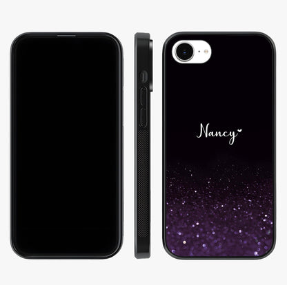 Glittery Purple Bokeh Custom Name Glass Case displayed upright for full design visibility and premium finish.
