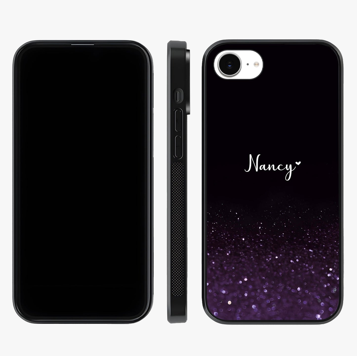 Glittery Purple Bokeh Custom Name Glass Case displayed upright for full design visibility and premium finish.