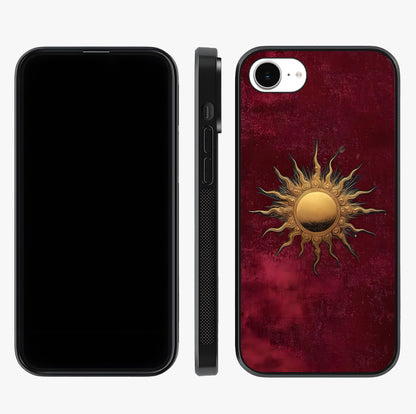 Gold Sun Blush Glass Case displayed upright for full design visibility and premium finish.