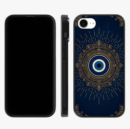 Golden Evil Eye Mandala Glass Case displayed upright for full design visibility and premium finish.