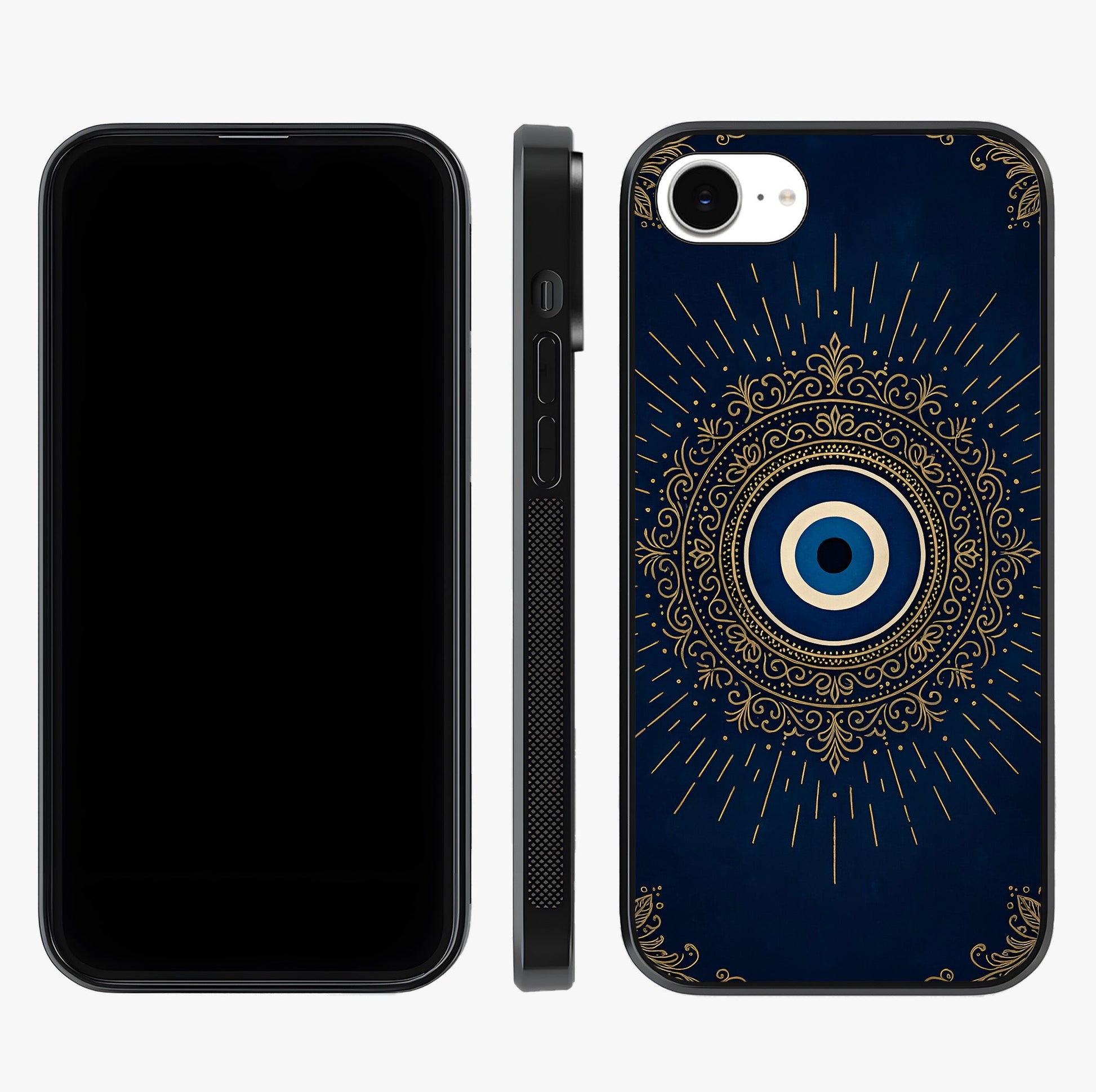 Golden Evil Eye Mandala Glass Case displayed upright for full design visibility and premium finish.