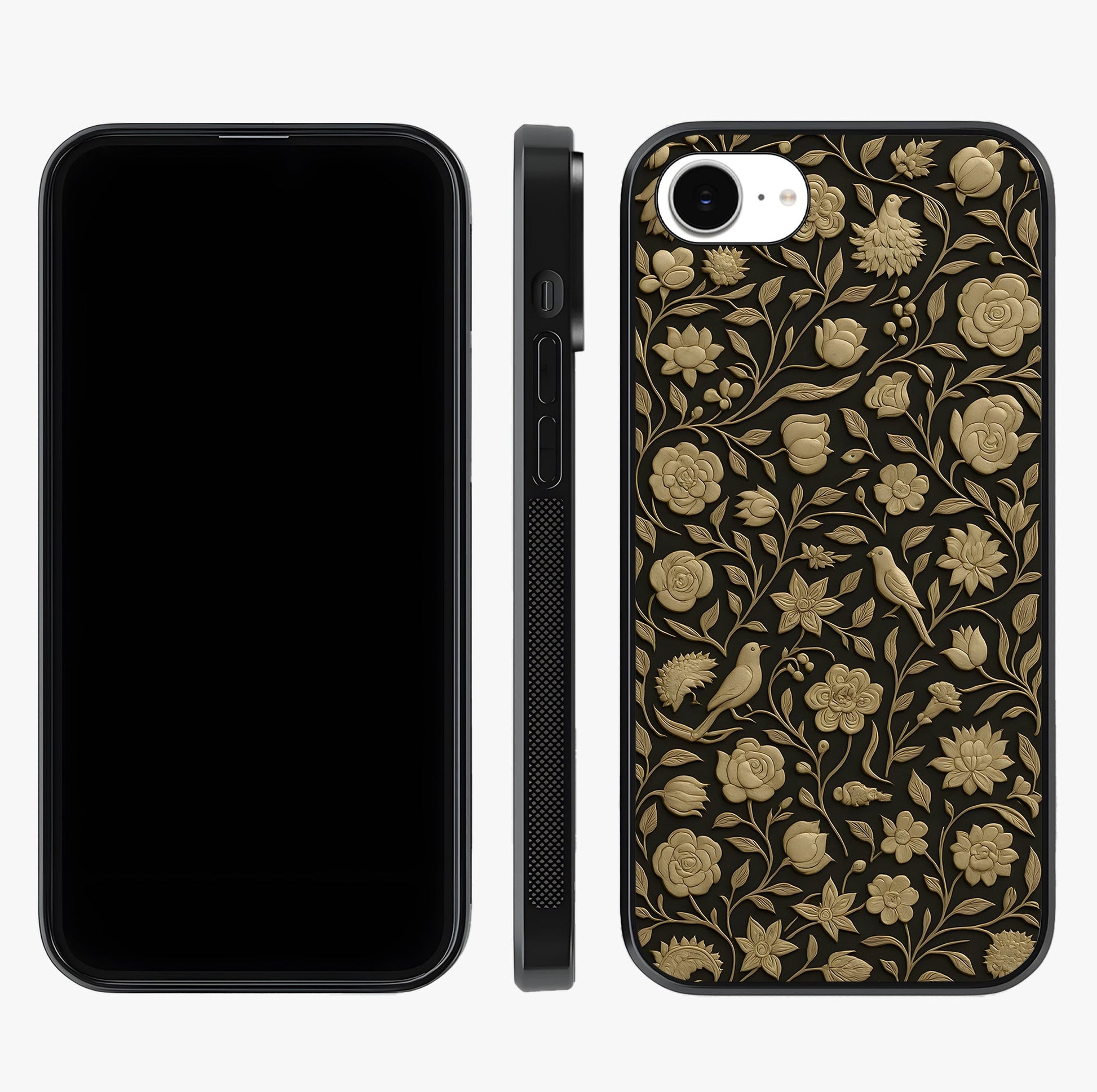 Golden Floral Majesty Glass Case displayed upright for full design visibility and premium finish.