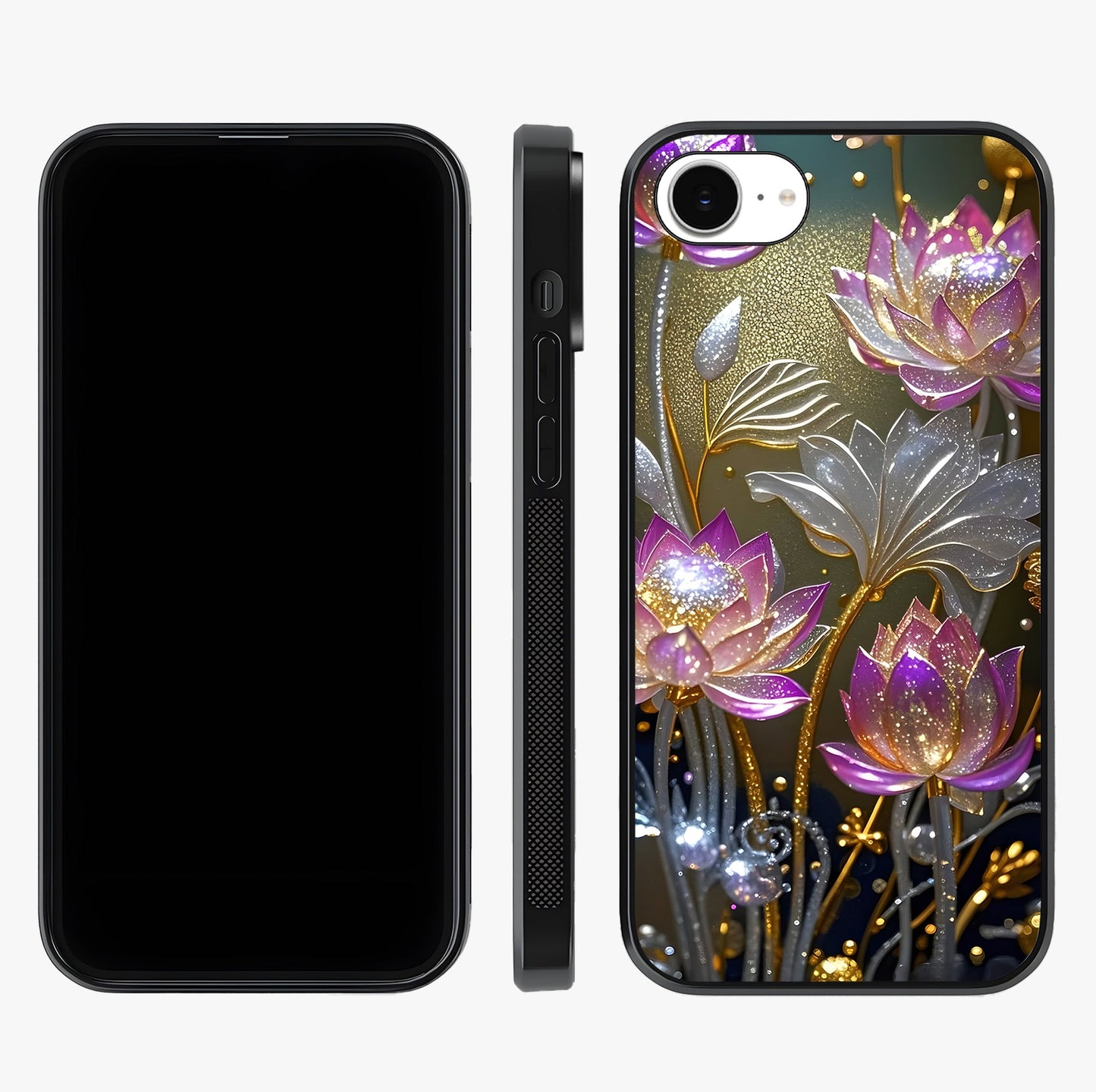 Golden Lotus Glow Glass Case displayed upright for full design visibility and premium finish.