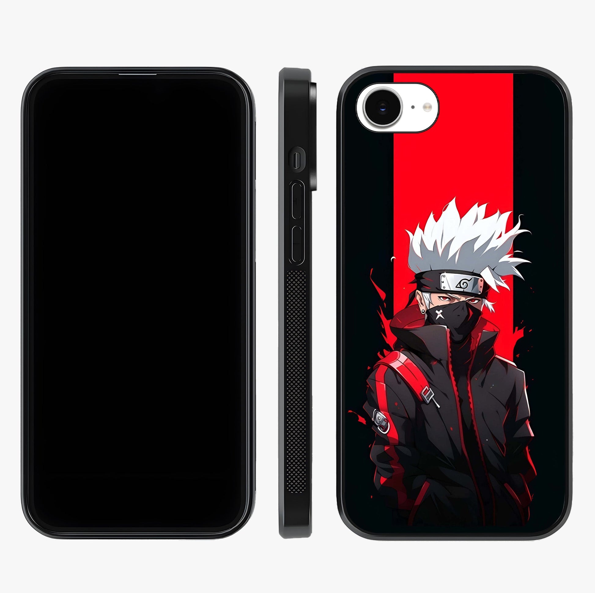 Kakashi Scarlet Shadow Glass Case displayed upright for full design visibility and premium finish.