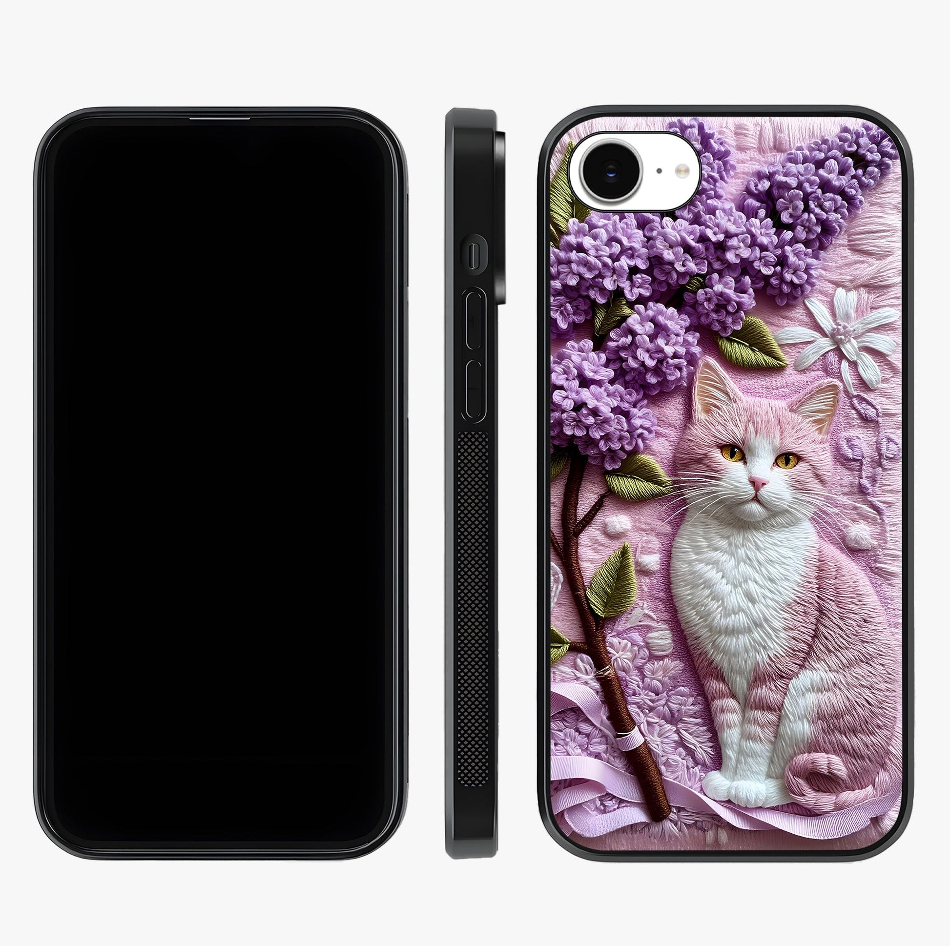 Lavender Cat Whimsy Glass Case displayed upright for full design visibility and premium finish.