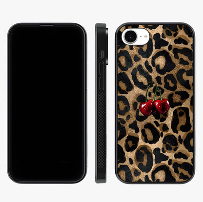Leopard Wild Cherry Glass Case displayed upright for full design visibility and premium finish.