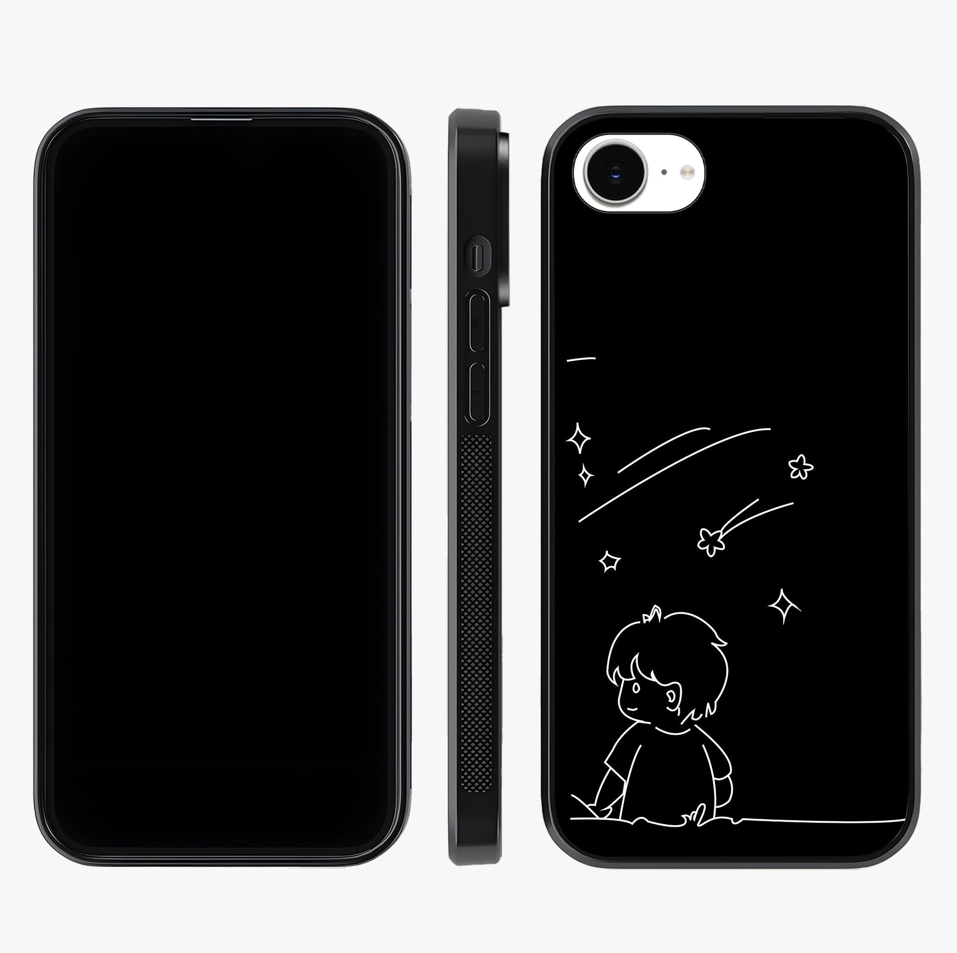 Line Art Boy With Shooting Stars Glass Case displayed upright for full design visibility and premium finish.
