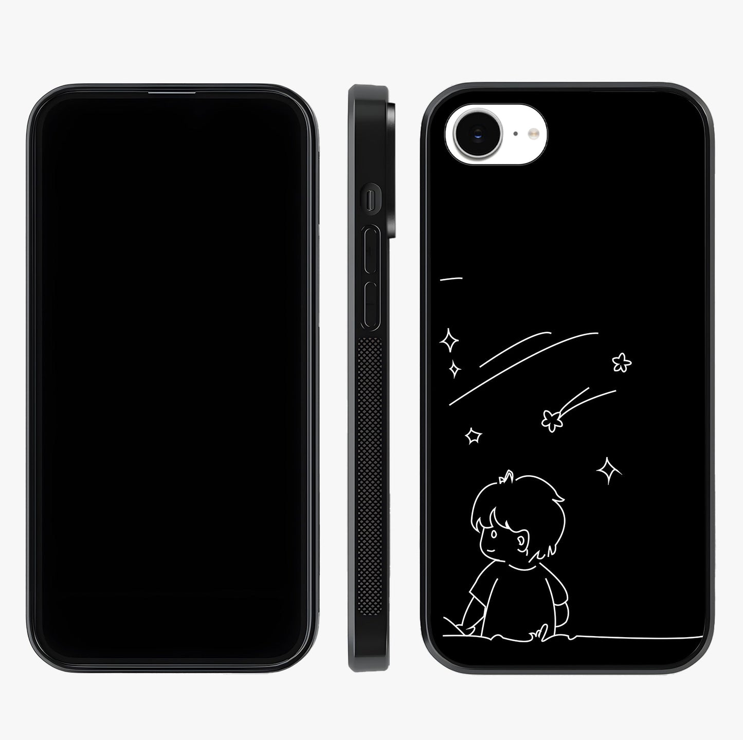Line Art Boy With Shooting Stars Glass Case displayed upright for full design visibility and premium finish.